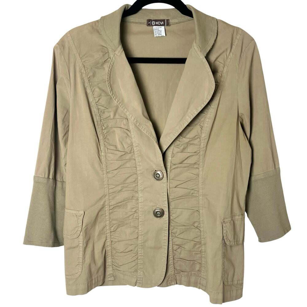 XCVI Lightweight Ruched Cotton Fitted Jacket 3/4 Sleeves Khaki Lagenlook Large